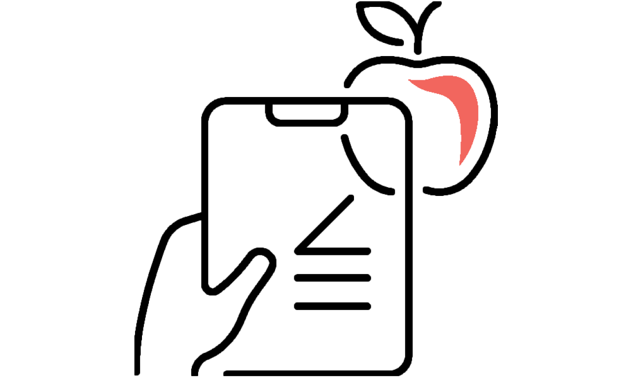 Icon of hand holding document and apple.